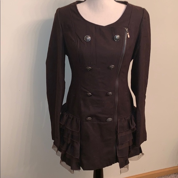 Cecice Jackets & Blazers - Chocolate Fitted Poly Wool Pea Coat With Ruffles